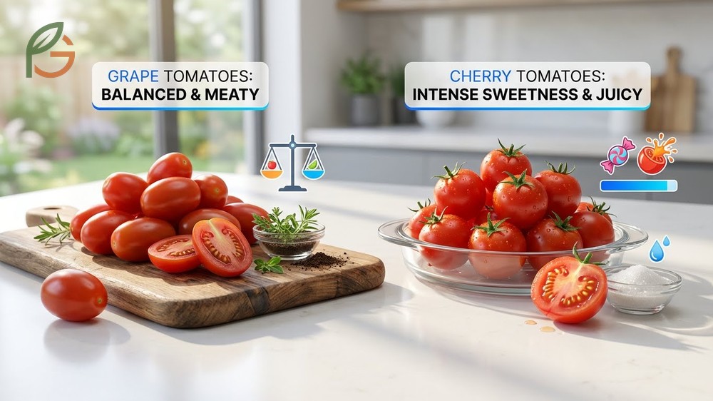 Cherry vs grape tomatoes flavor comparison shows cherries offer candy-like sweetness while grapes provide a balanced earthy taste.