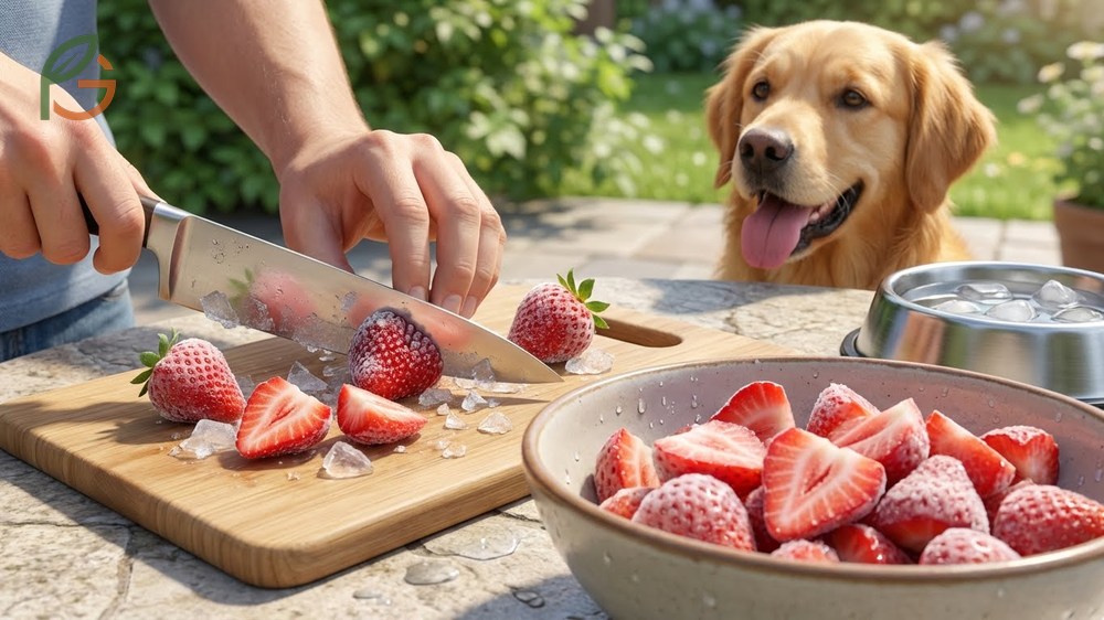Frozen strawberries for dogs served as cooling summer treats cut into small safe pieces.