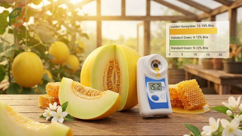 Golden honeydew variety features elevated sweetness with 13 to 16 percent Brix compared to standard melons.