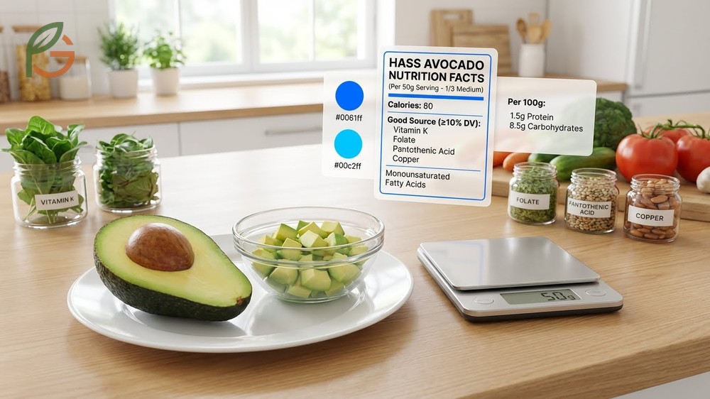 Hass avocado nutrition information defines a standard serving as 50g with specific vitamin content.