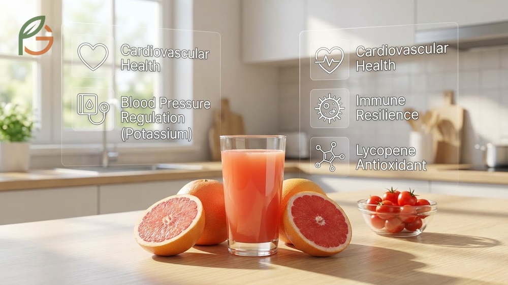 Health benefits of grapefruit juice include improved lipid profiles and immune resilience from high potassium content.