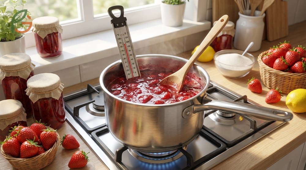 Mashed strawberries cooking in a saucepan reaching the setting point of 220 degrees Fahrenheit for proper gelling.