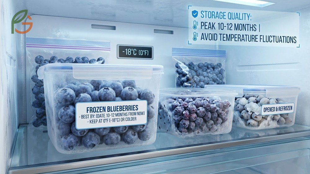 How long do frozen blueberries last when stored at 0 degrees Fahrenheit showing proper vacuum sealing to prevent freezer burn for 24 months.