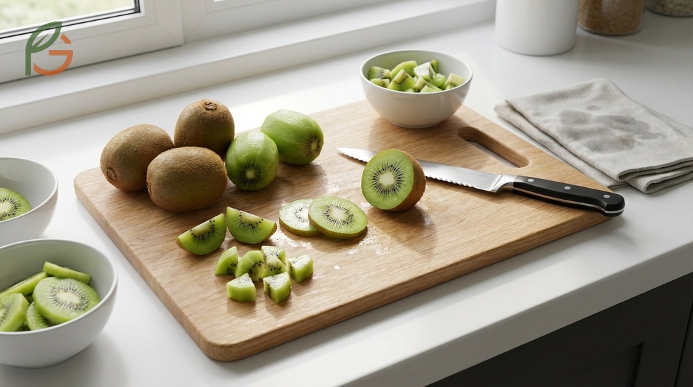 How to cut kiwi into 1/4 inch round slices showing the star pattern or into wedges for fruit salads using a sharp knife.