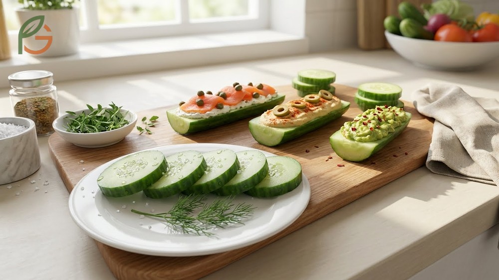 Low carb cucumber snacks like everything bagel bites provide satisfaction with only 0.5g net carbs per bite.