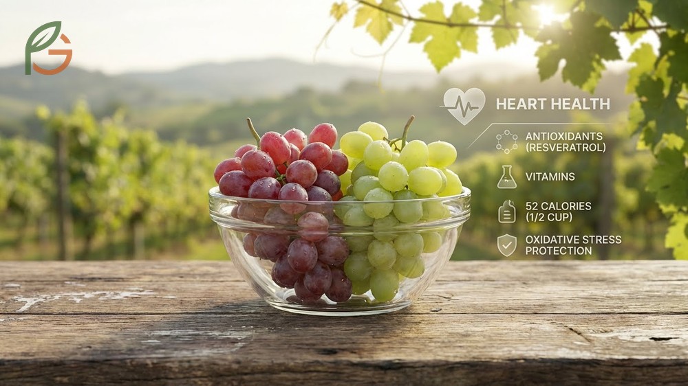 Nutritional value of grapes macronutrient breakdown showing 52 calories and essential vitamins per half cup serving.