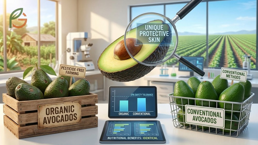 Organic vs non organic avocado debate focusing on pesticide exposure, farming methods, and identical nutritional benefits.