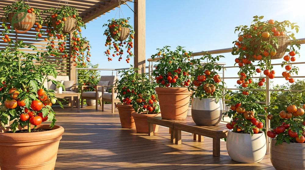 Patio tomato growing tips for positioning containers in south facing locations to get six to eight hours of direct sun.
