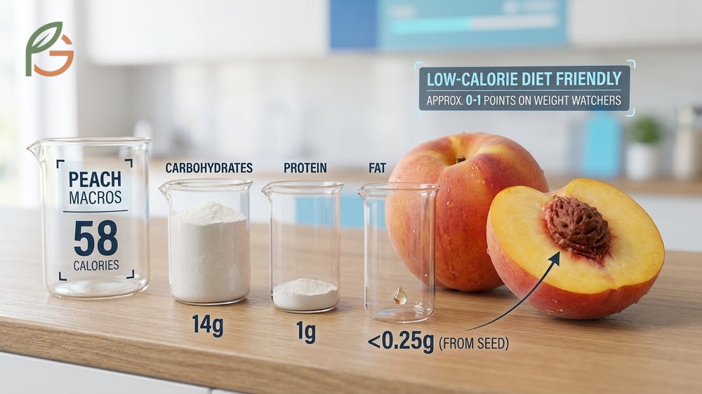 Peach macros breakdown highlighting 14g carbohydrates and virtually 0g fat with 1g protein per medium fruit.
