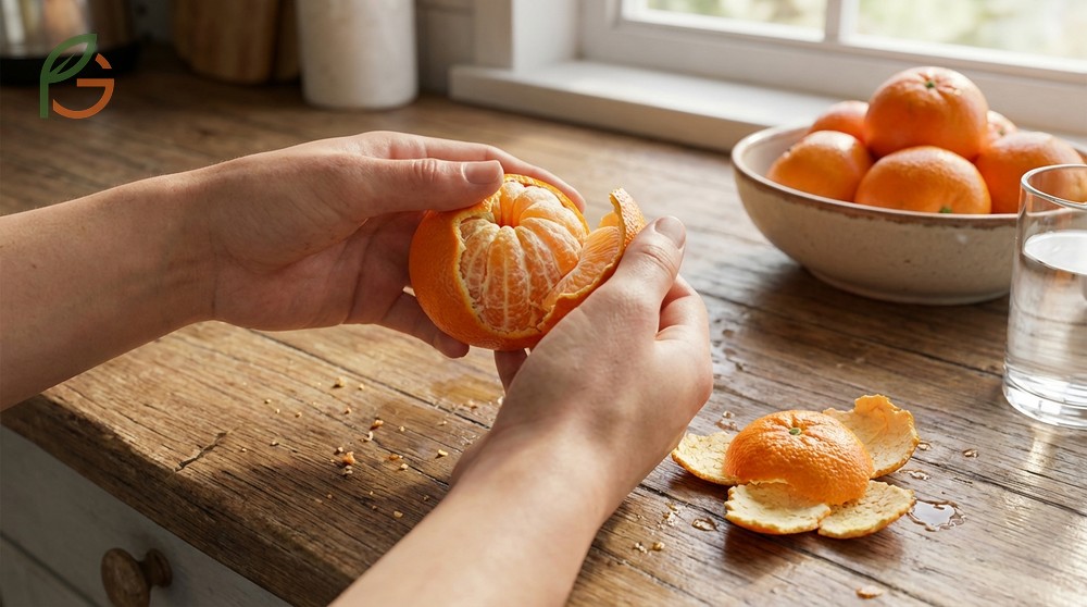 Peeling tangerine easily involves rolling the fruit for 5 seconds to loosen the skin before removing it.