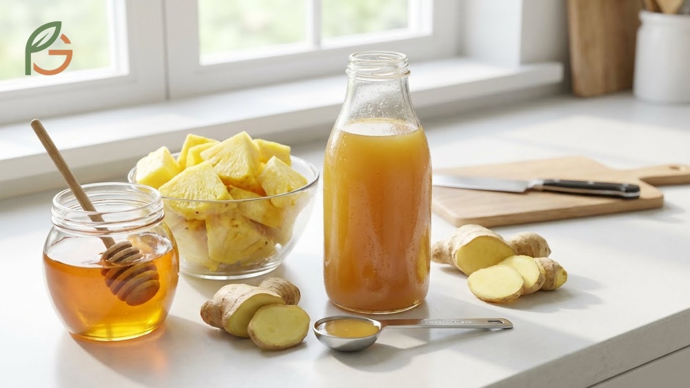 Homemade cough syrup ingredients including fresh pineapple chunks honey ginger and lemon arranged on a kitchen counter.