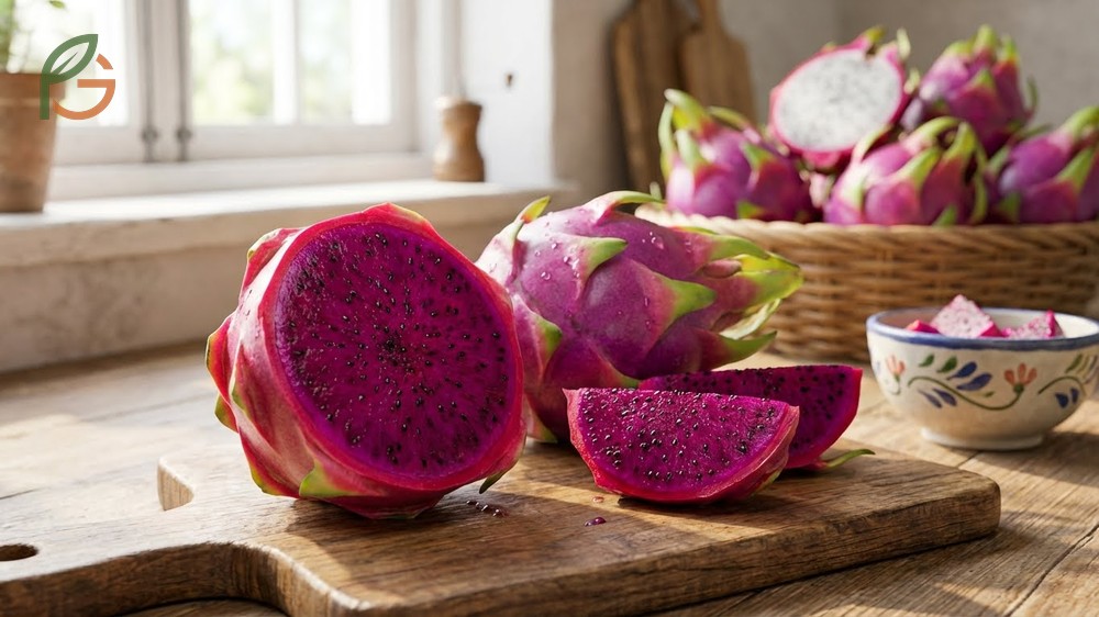 Purple dragon fruit physical characteristics featuring deep magenta flesh and thin rinds distinct from white varieties.