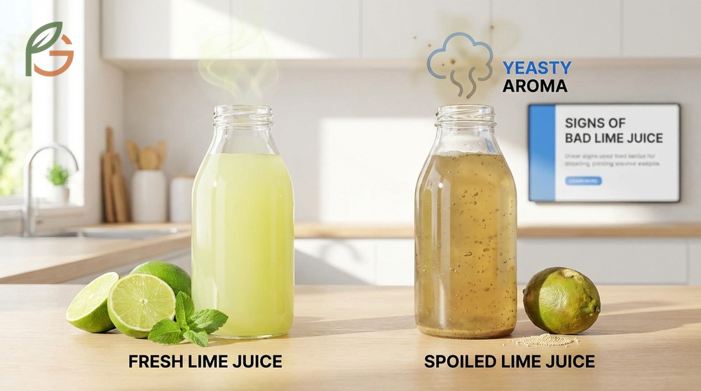 Signs of bad lime juice checklist including brown color, yeasty smell, and fizzy texture.