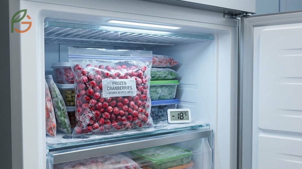 Storing frozen cranberries in heavy-duty bags or vacuum-sealed containers at 0 degrees Fahrenheit or below.