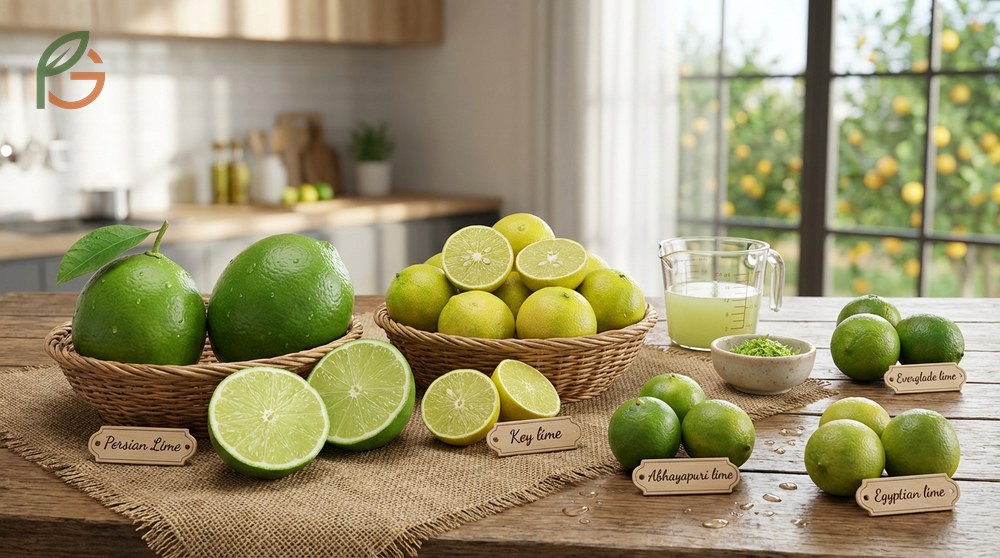 Different types of limes including Persian and Key varieties displayed together for comparison.