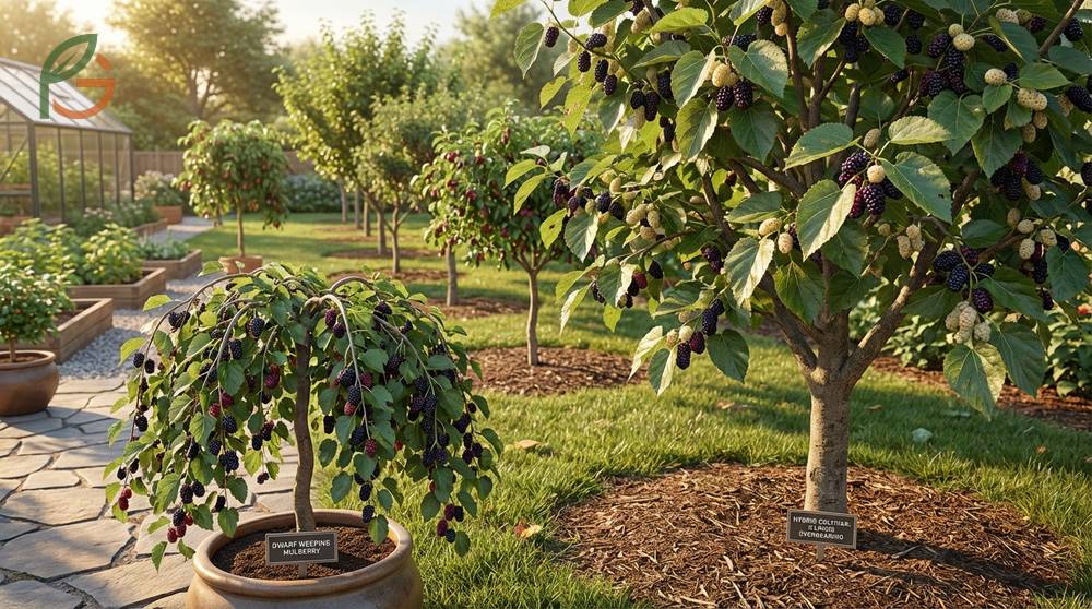 Types of mulberry trees including dwarf and weeping varieties suitable for small landscapes.