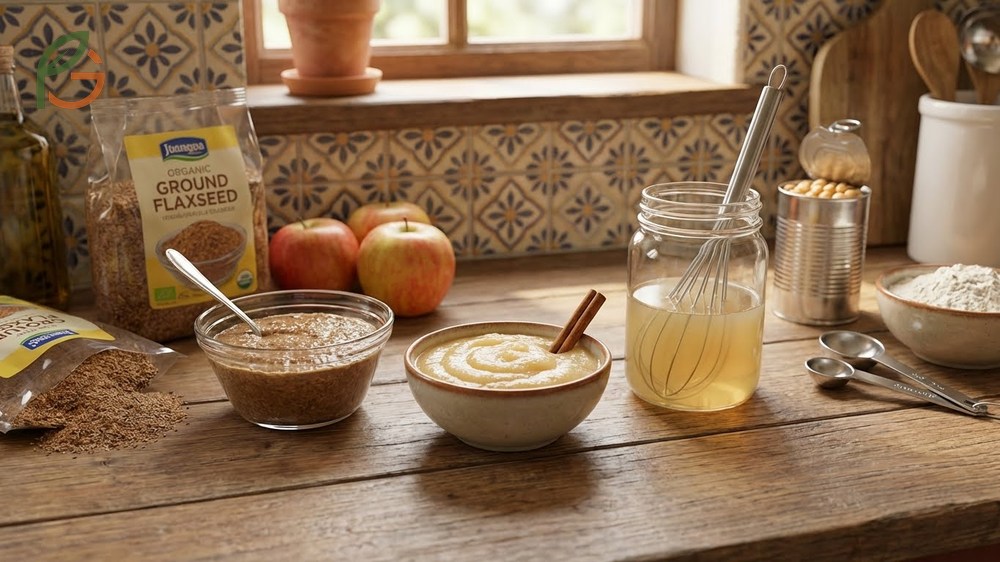 Vegan baking substitute choices like flax eggs and aquafaba offer alternatives for cookies and light cakes.