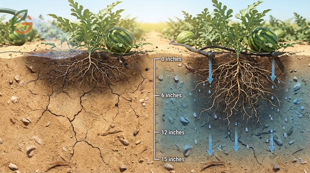 Watering watermelon plants requires checking moisture depth to avoid stress signs like wilting or yellow leaves.