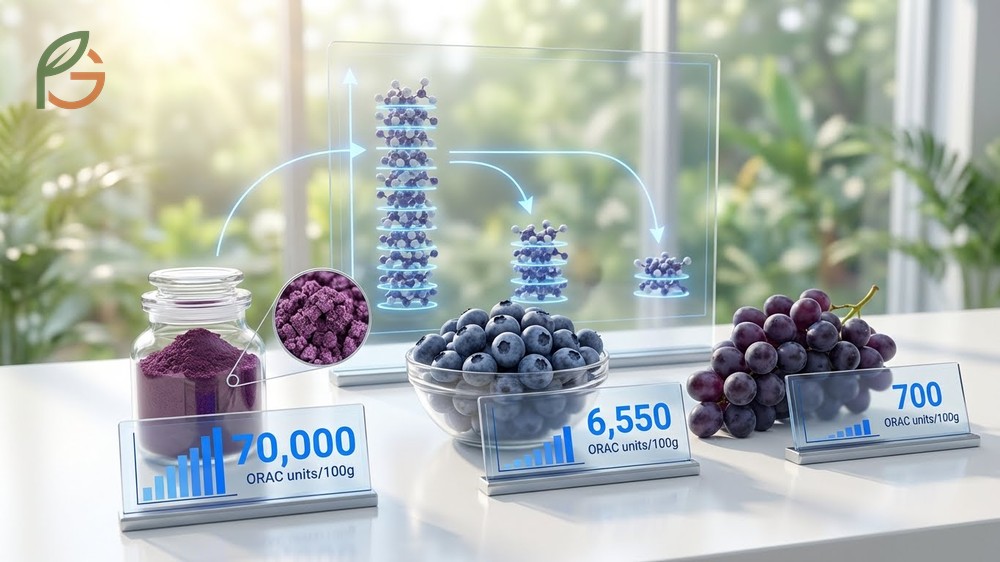 Antioxidant levels compared revealing acai has 70000 ORAC units which is 10 times more than grapes.