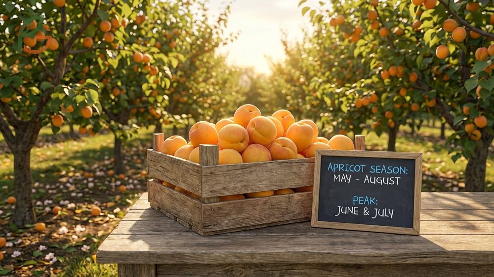 When are apricots in season running from late May through August with peak availability in June and July.