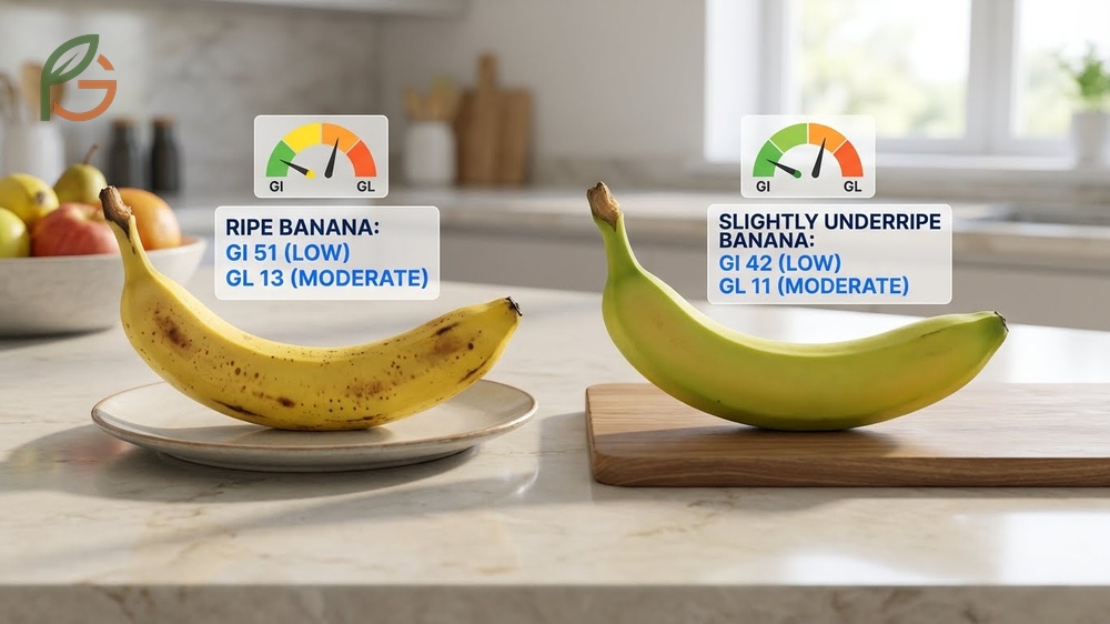 Banana glycemic index changes with ripeness as green bananas contain more resistant starch than sweet yellow ones.