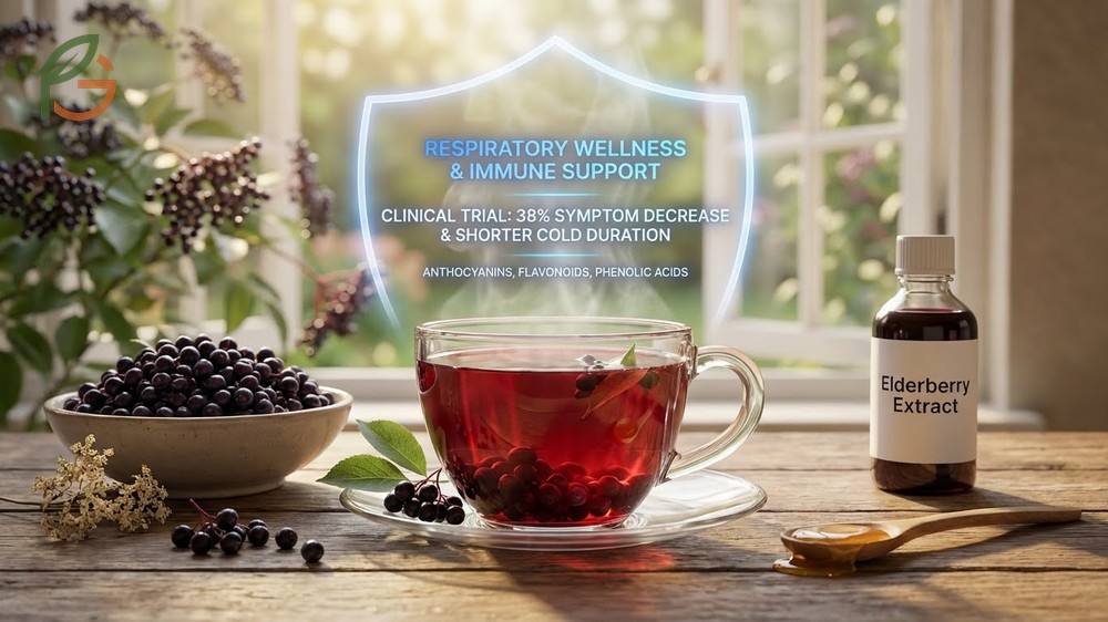 Benefits of elderberry tea including reduced cold duration by two days and symptom severity by 50 percent in studies.