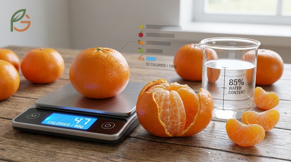 Calories in a mandarin orange breakdown by size showing 40 to 60 calories based on weight.