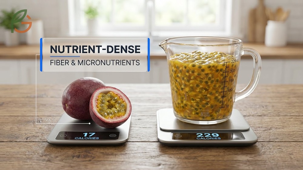 Calories in passion fruit detailed with 17 calories for a single fruit and 97 calories per 100g serving.