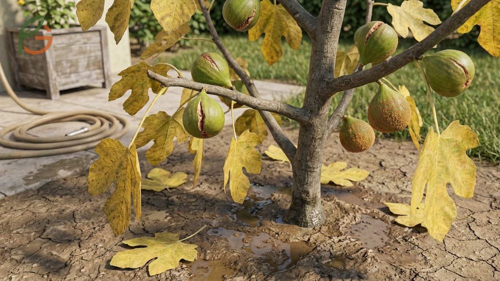 Common fig tree problems like rust fungus and fruit splitting caused by environmental stress.