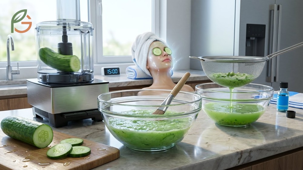 Cucumber face mask recipe preparation involving blended cucumber and aloe vera gel for a soothing and hydrating facial treatment.