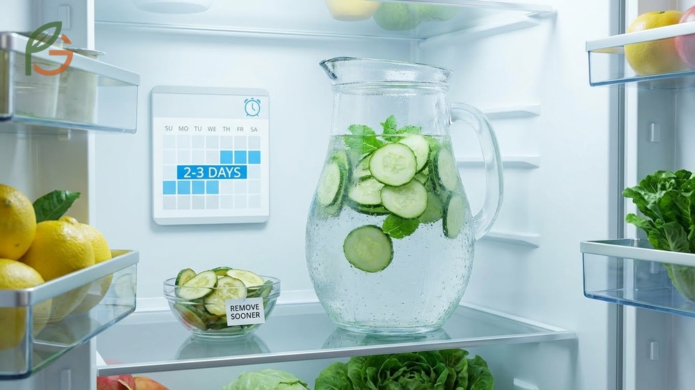 A covered pitcher of cucumber water stored in the refrigerator to maintain freshness for 3 days.