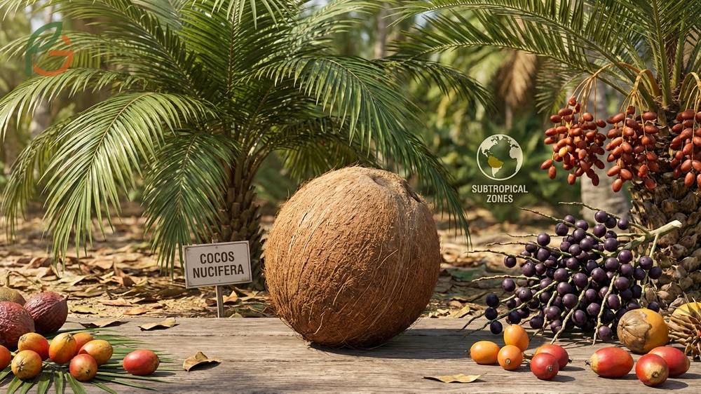 Diverse palm species including date and acai palms compared to non fruiting ornamental palms like the Royal palm.