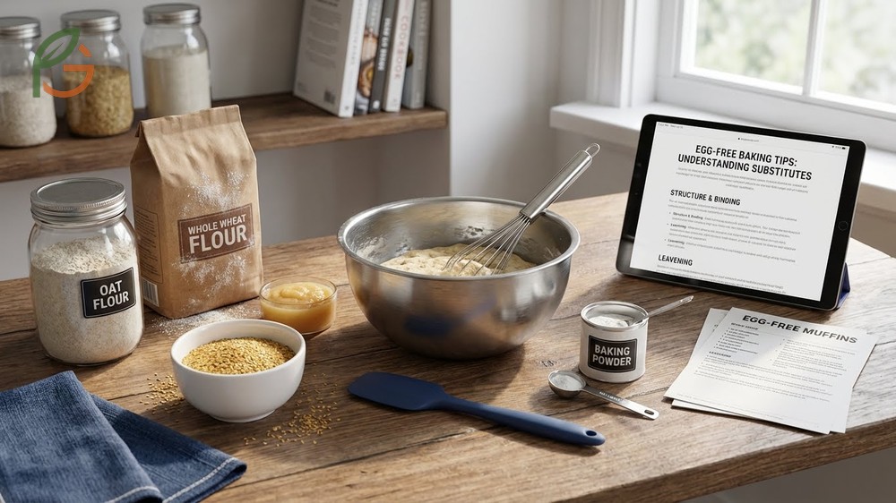 Egg free baking tips suggest lowering oven temperature by 25 degrees Fahrenheit to prevent over browning.