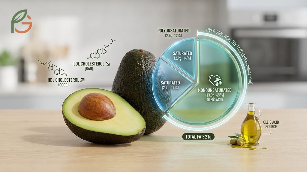 Fat content in Hass avocado includes 21g of total fat primarily consisting of heart healthy monounsaturated acids.