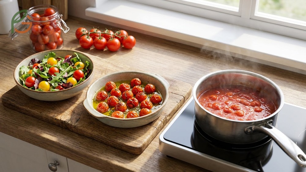 What to do with cherry tomatoes using fresh options like caprese skewers or cooked methods like roasting.