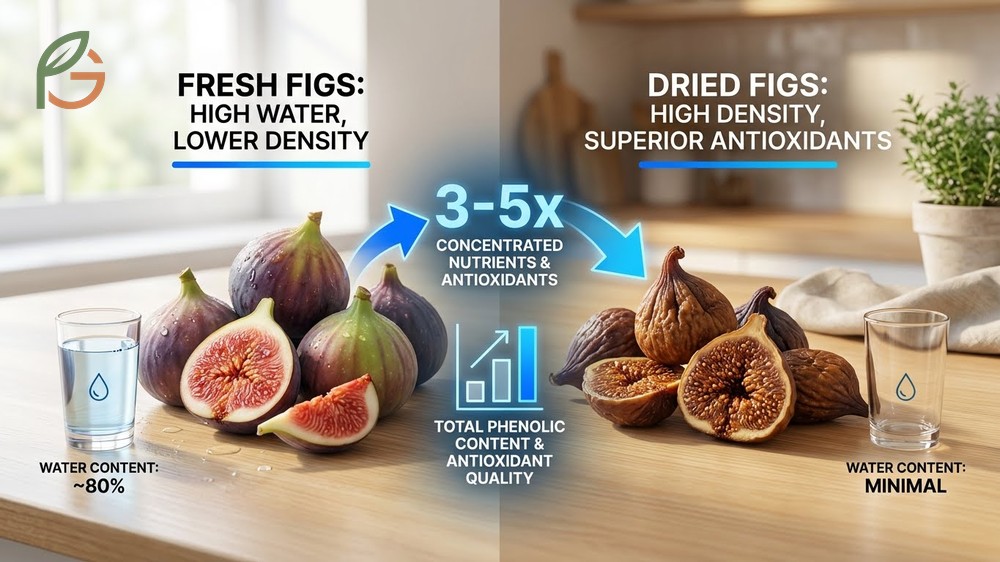 Fresh vs dried figs comparison highlighting differences in calorie density and vitamin C retention.