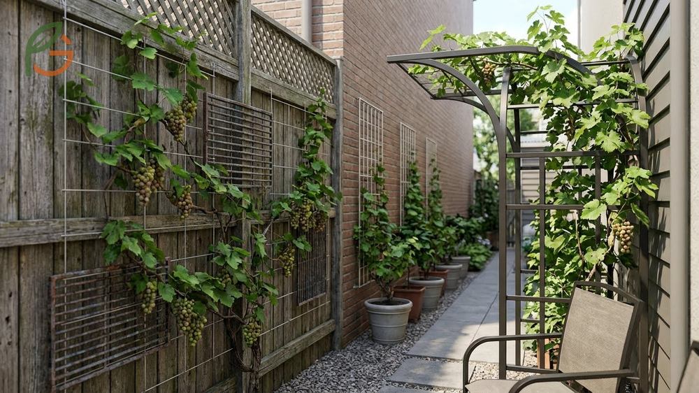 Grape vine support ideas showing fence training and bird netting usage to reduce crop losses significantly.