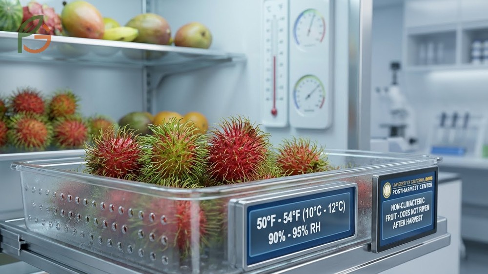 How to store rambutan at 50-54 degrees Fahrenheit with high humidity to prevent skin browning.