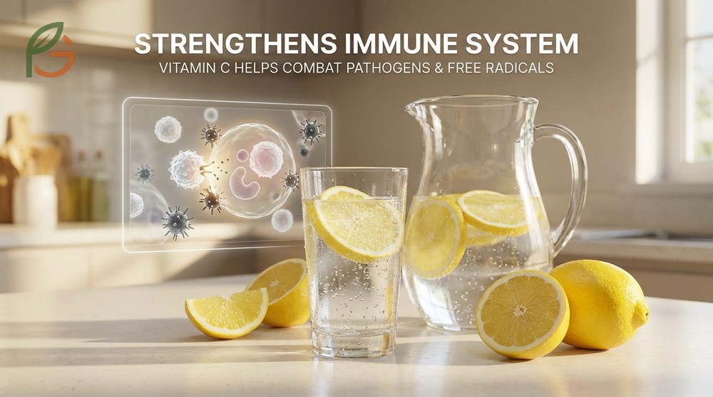 Lemon water strengthens immune system with flavonoids and vitamin C that combat pathogens and free radicals.