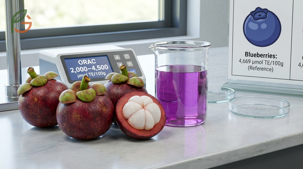 Mangosteen nutritional value includes high antioxidant levels with ORAC values reaching 4500 units per 100g.