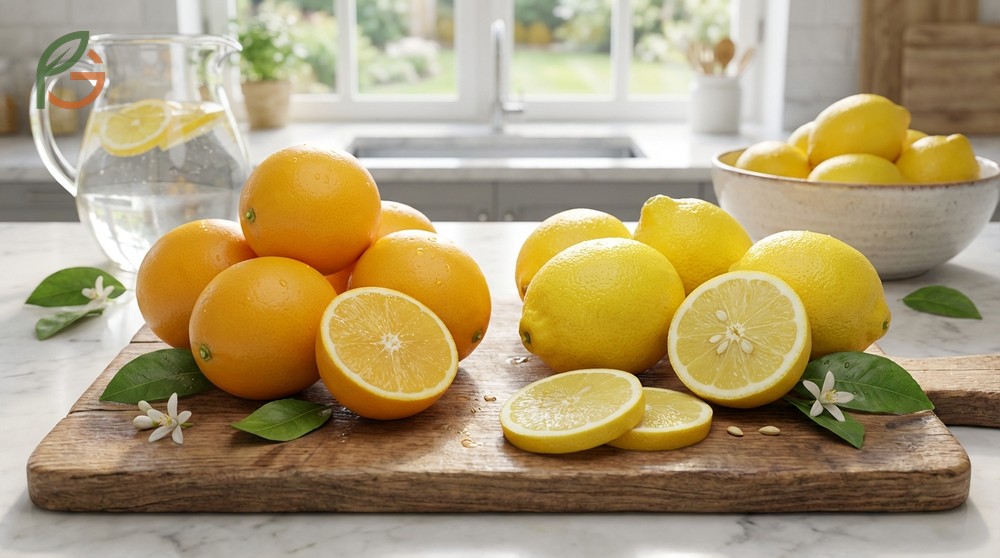 Meyer lemon vs regular lemon distinction lies in the hybrid nature of Meyers mixed with mandarin orange genetics.
