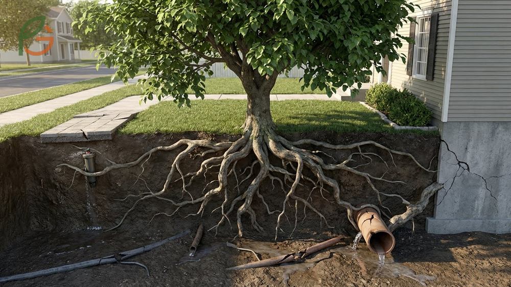 Mulberry tree root system extending 43 feet laterally with feeder roots in the top 24 inches of soil.