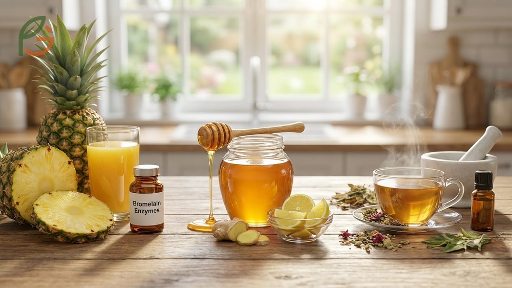 Comparison of natural remedies showing pineapple paired with honey and ginger for effective cough suppression.