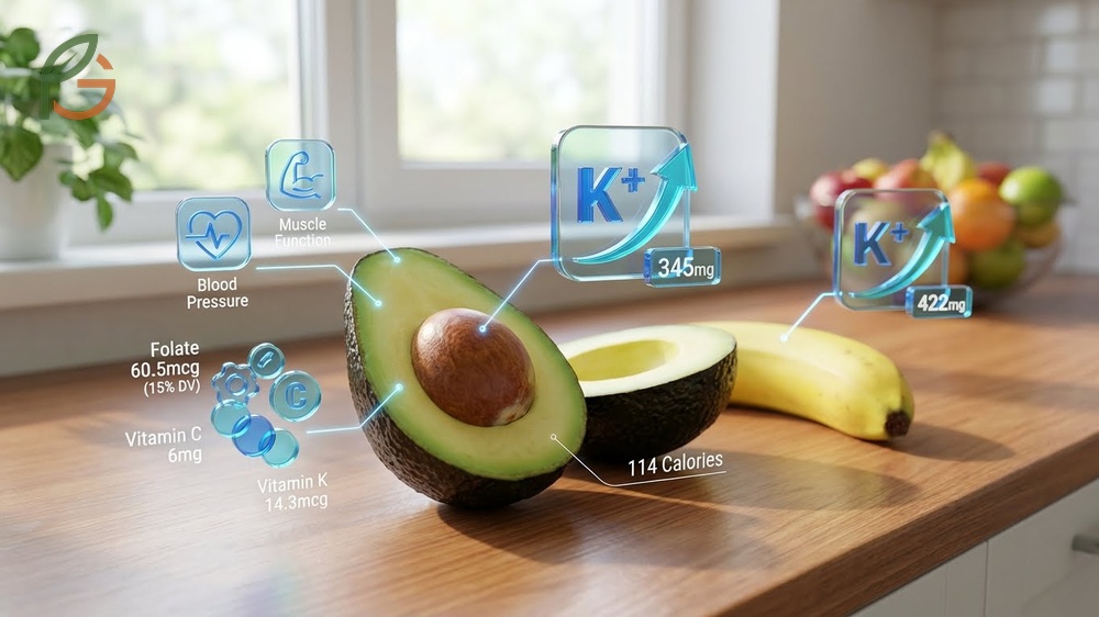 Nutritional value of avocado highlighting 345mg potassium and essential vitamins per serving.