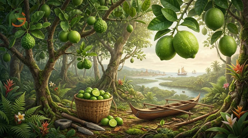 An illustration showing the historical spread of lime cultivation from Southeast Asia to the Americas.