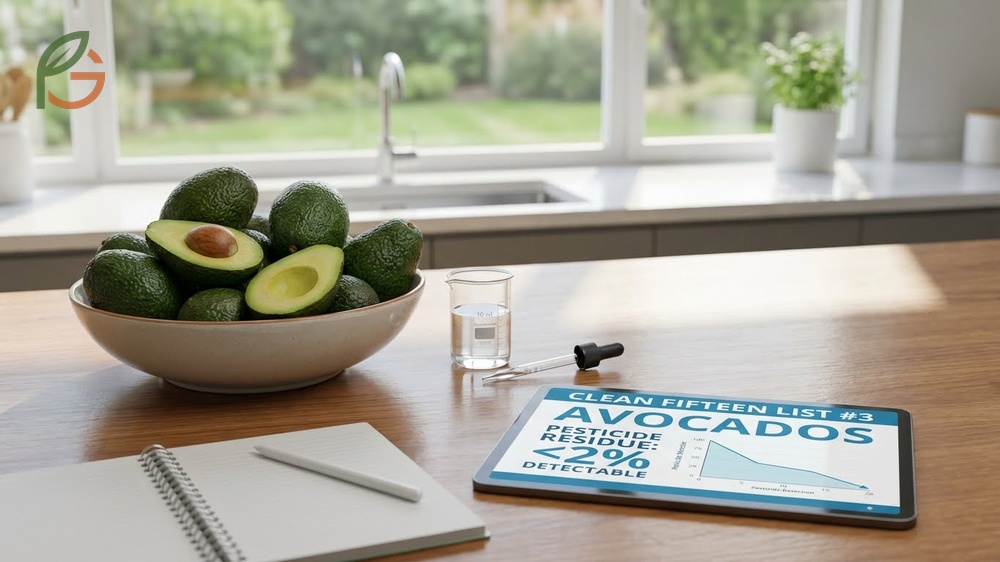 Pesticide residue avocados ranking number 3 on the Clean Fifteen list with less than 2 percent contamination.