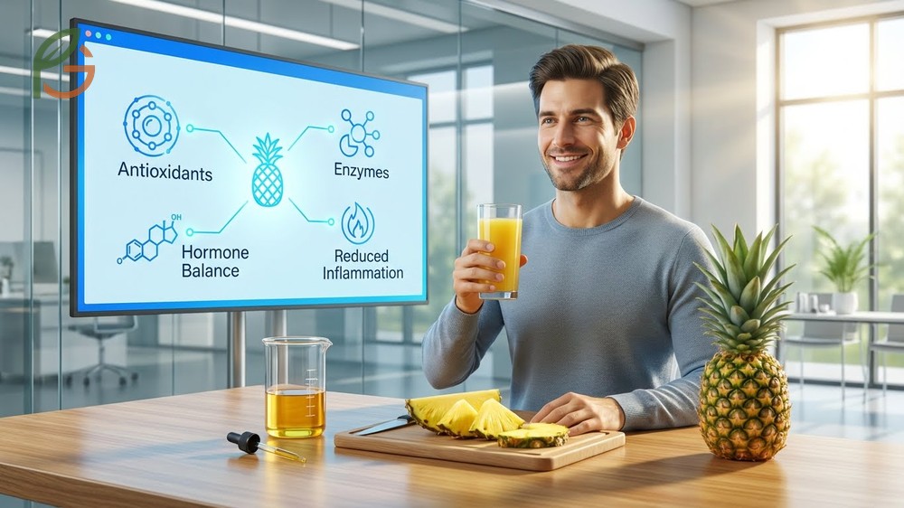 Whole pineapple and fresh juice illustrating benefits for testosterone levels and sperm quality improvements.