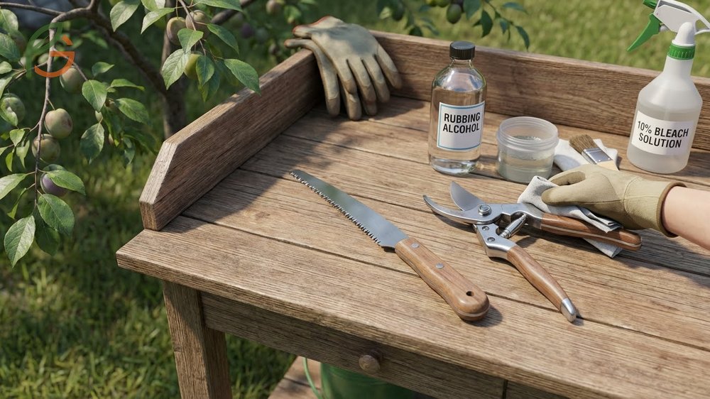Plum tree trimming requires sharp sterile tools to make clean cuts at a 45-degree angle above outward buds.