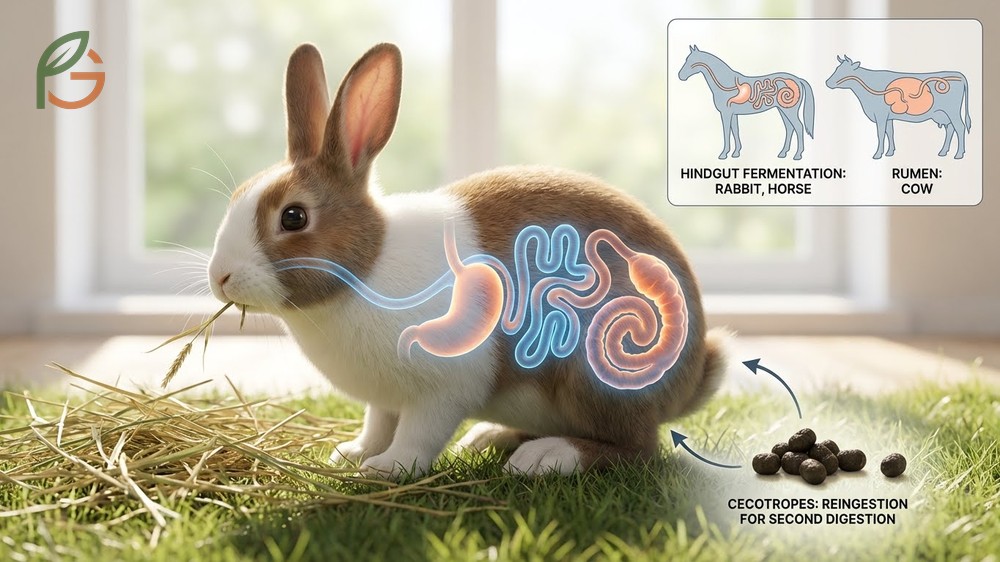 Rabbit digestive health relies on fiber fermentation in the cecum rather than processing high sugar foods.