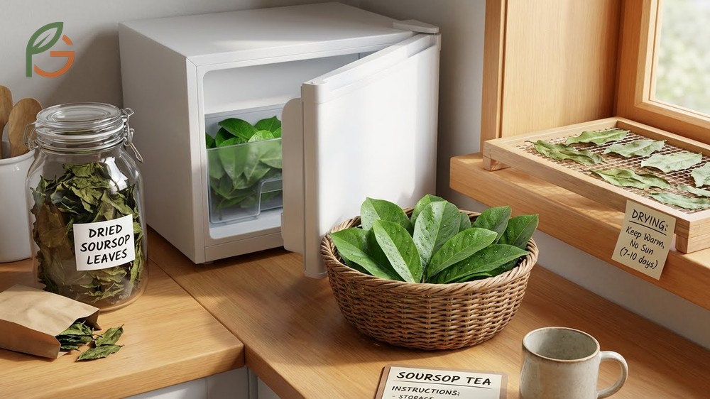 Soursop tea instructions emphasize storing dried leaves in glass jars and avoiding use during pregnancy.